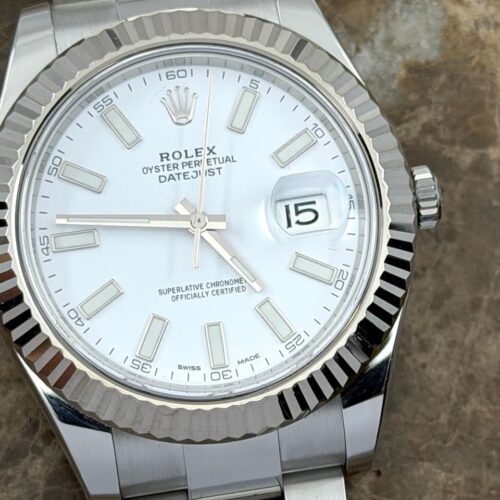 Rolex Datejust 41mm Automatic White Index 18k White Gold fluted bezel Oyster Bracelet 116334 Box Papers
