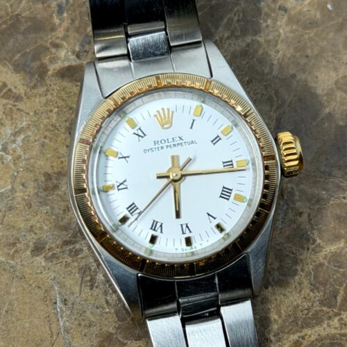 Rolex Lady Oyster Perpetual Automatic 24mm Gold / Steel Engine Turned Bezel 6804 Vintage with Box and Papers
