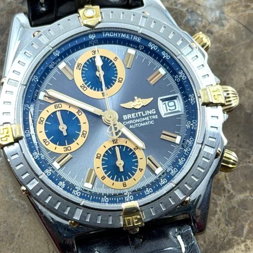 Breitling Chronomat Gold / Steel 39mm Automatic Chronograph Silver Dial with Blue Subdials with Box B13352