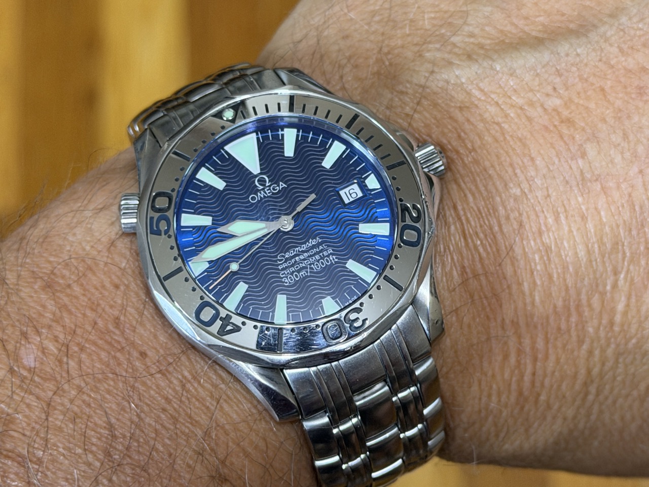 Omega Seamaster 300m Electric Blue Wave Dial 41mm Automatic with Box and Booklets model 2255.80